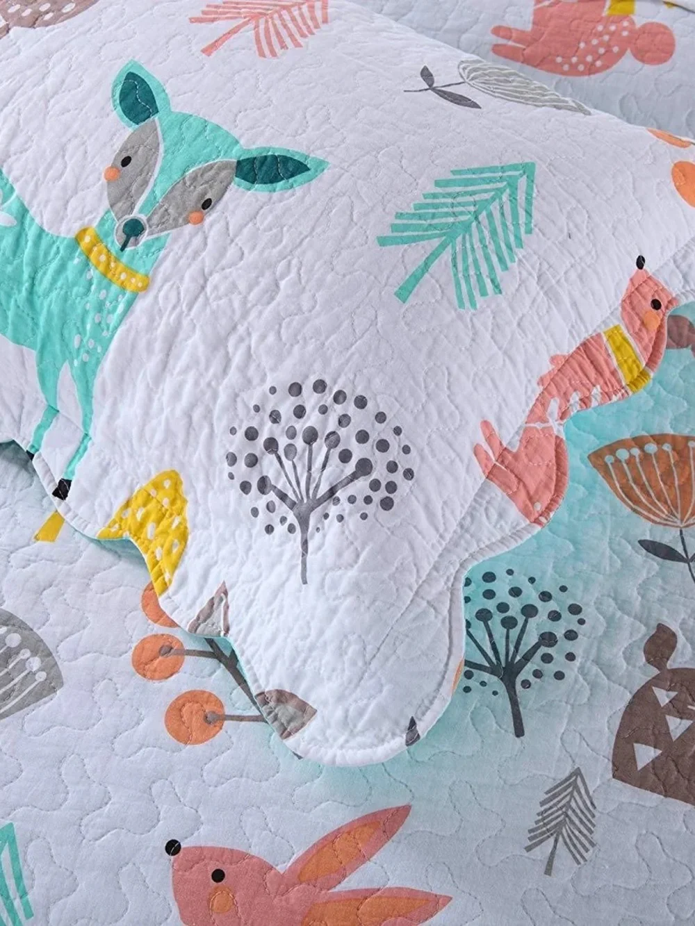 Kids Woodland Deer Full cotton Quilt Set - Mint and White